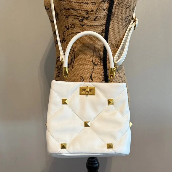 Rock Stud White Faux Leather Bag with Gold Accents & Crossbody - Picture 2 of 5